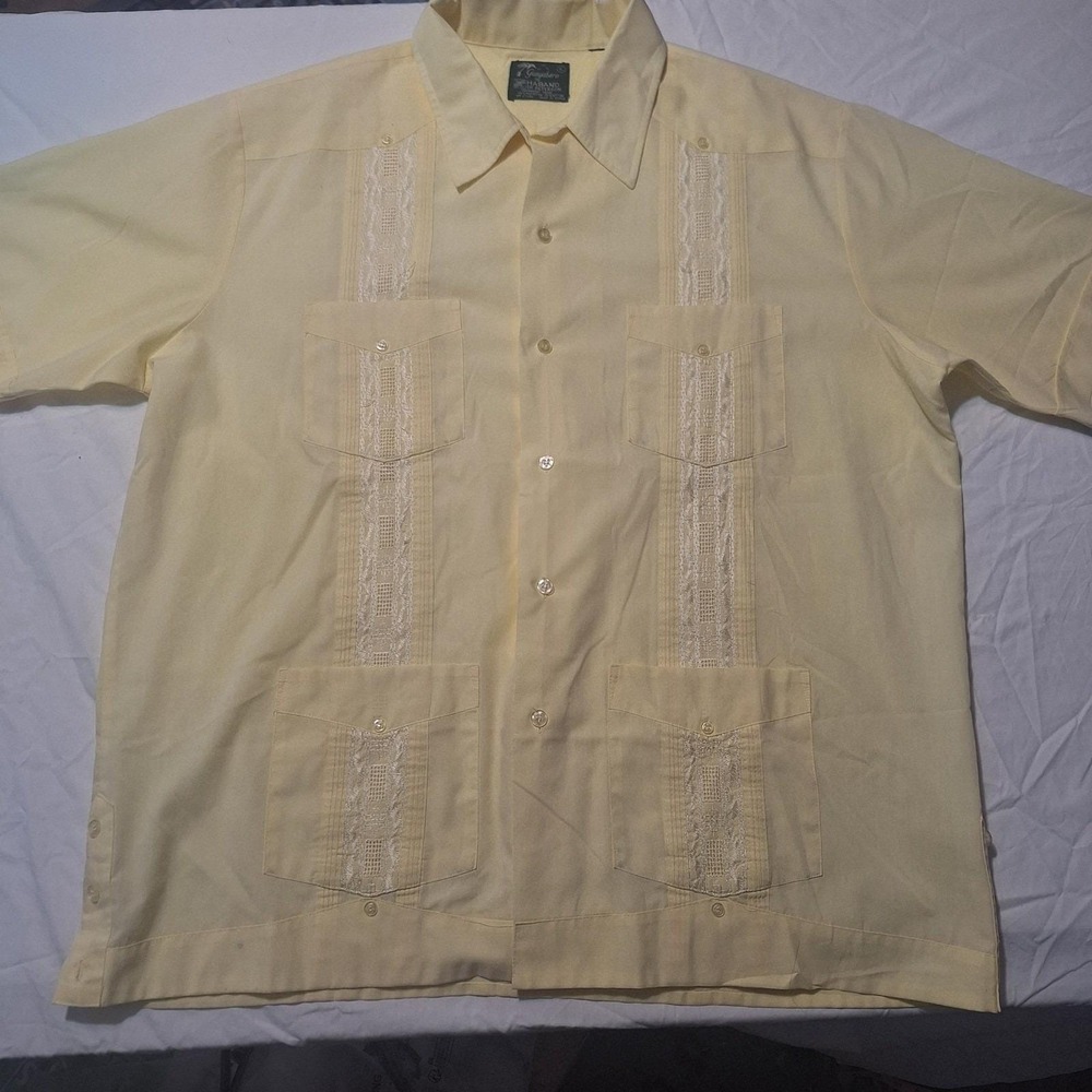 Vintage Haband of Paterson Guayabera Shirt Mens XL Yellow Cuban Wedding Retro